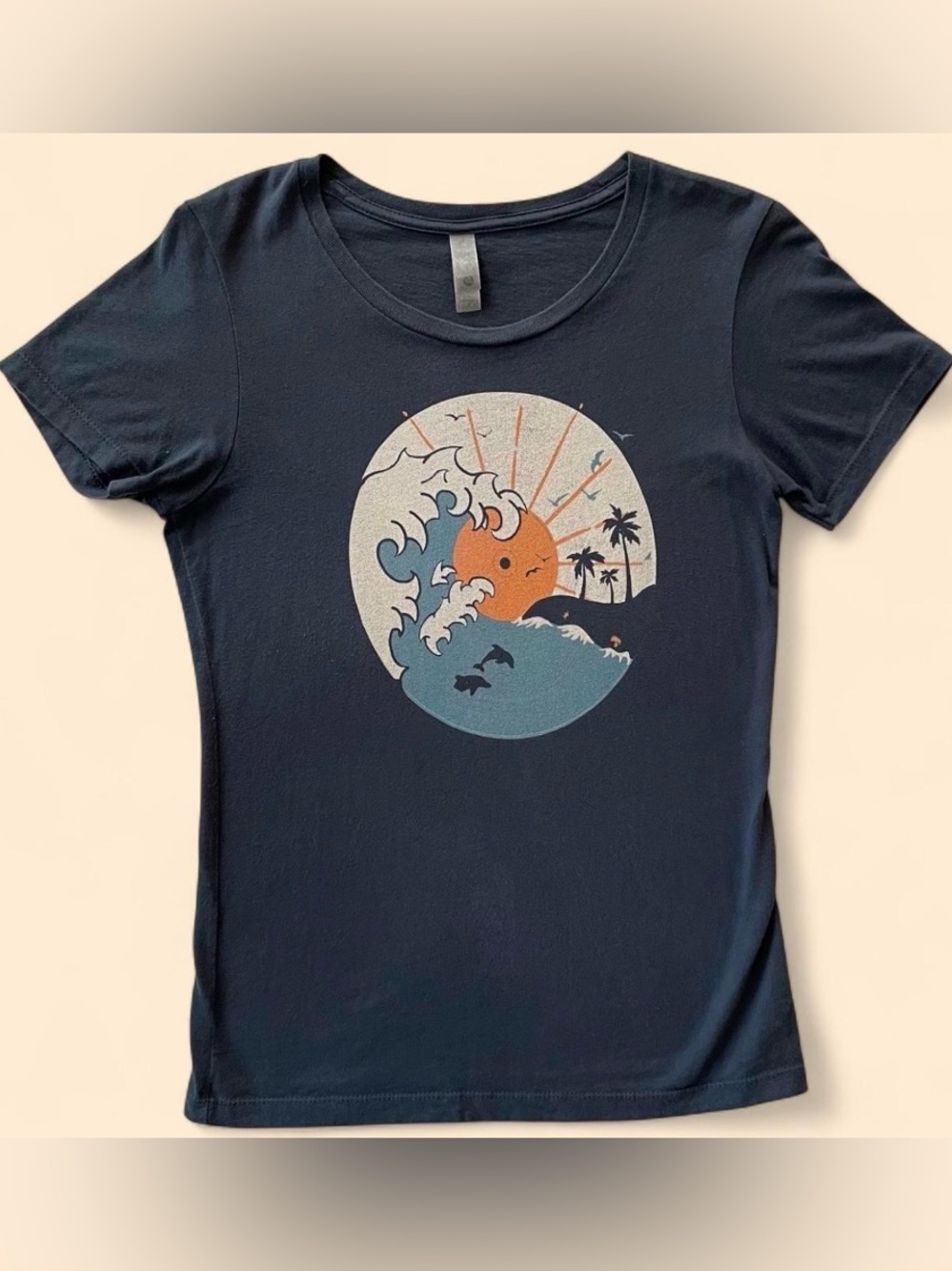 Threadless Women’s S Blue Graphic Tee | Retro Tropical Surf Sun Ocean Palm Trees